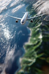 Obraz premium Airplane flying over coastline with blue sky and clouds