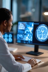 African american male doctor analyzing brain scans on computer in medical office