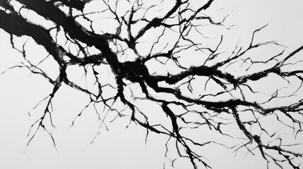 Fototapeta premium black ink painting of abstract tree branches on white canvas. 