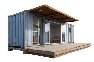 Modern blue shipping container home with wooden deck and sliding glass doors