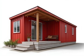 Modern red container home with wooden deck and glass doors