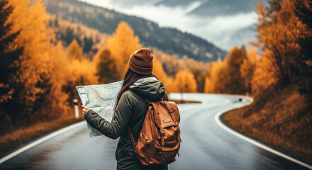 A traveler holding a map explores the vibrant autumn mountains, surrounded by colorful foliage and crisp air. The concept of adventure, navigation, and discovering nature’s beauty. Generative AI.