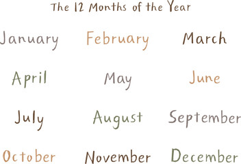 手書き英語月名セット（12ヶ月）ナチュラルタッチ｜カフェ風カラー