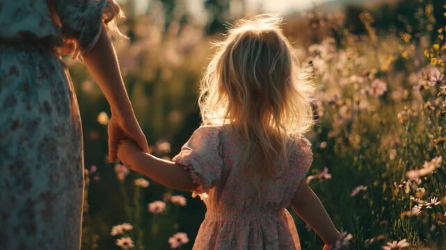Tender Bond: A mother and child stroll hand-in-hand through a flower-filled field, basking in the warm glow of the sunlight. This image evokes a sense of unconditional love and shared joy.