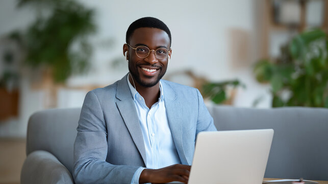 Young professional in video interview with laptop and clean backdrop