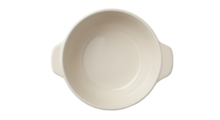 Cream ceramic bowl with handles on white background showing interior  