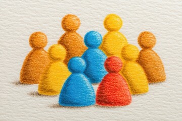Colorful spherical figures representing human relationships and community diversity captured with soft pastel texture highlighting unity and interpersonal connections