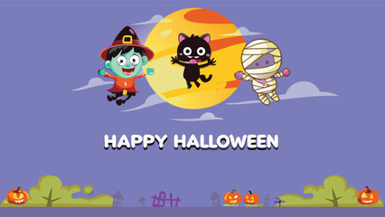 Cartoon halloween scene with witch, black cat, mummy, pumpkins and happy halloween text in purple background