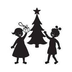 Christmas Tree With Excited Kids Unwrapping