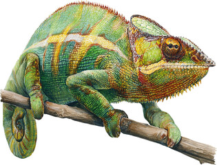 Obraz premium Detailed realistic watercolor painting of a green chameleon on a branch isolated on transparent background