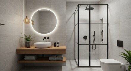 Modern Minimalist Bathroom with Wooden Accents and LED Circular Mirrors