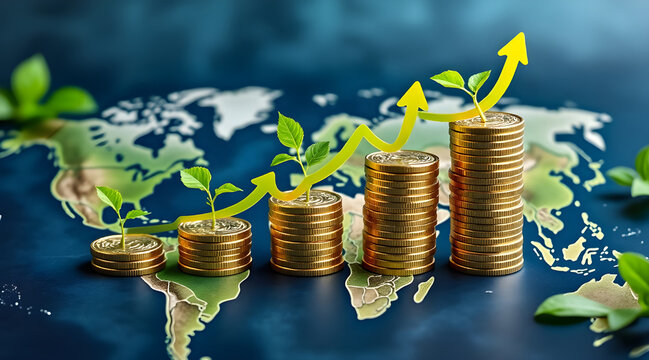 Growing stacks of gold coins with green sprouts and a rising arrow graph superimposed on a world map symbolizing global financial growth