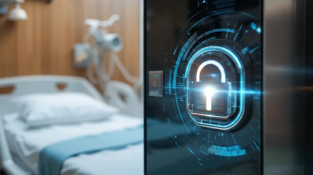A hospital bed with a digital lock symbolizes HIPAA compliance and data security. 4k video