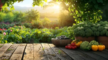 A rustic wooden table foregrounds a lush garden bursting with vegetables under a bright sunrise, symbolizing fresh produce and sustainable living.
