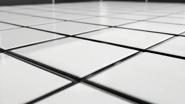 Close-up of white square tiles with black grout lines