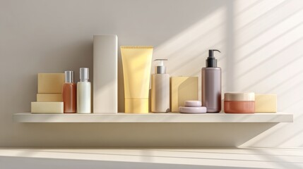 cosmetic packaging in neutral tones on wooden shelf, minimal clean style.