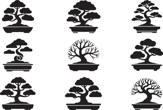 Collection of bonsai tree silhouettes, miniature ornamental tree illustrations for zen decor, gardening design, nature art, and peaceful composition themes