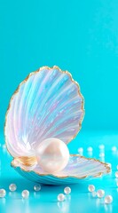 White pearl placed in an open shell on a blue background. Marine-themed wallpaper for mobile app.