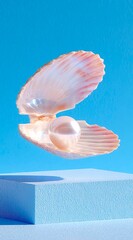 A white pearl placed inside an open shell floats in the air on a blue background. Marine-themed wallpaper for mobile app