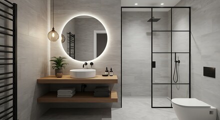Modern Minimalist Bathroom with Wooden Accents and LED Circular Mirrors variation 3