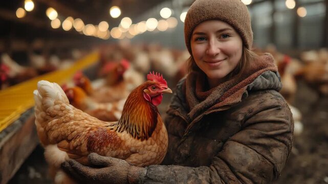 Woman farmer holding a brown chicken in her arms at a poultry farm. Organic meat production and sustainable farming concept footage.
