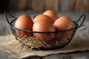 Fresh brown eggs in a wire basket