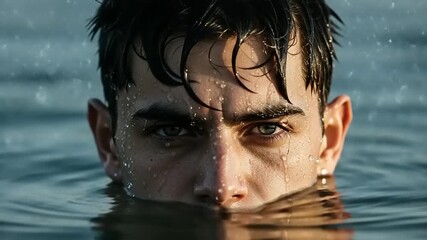 Close-up of a man's face submerged in water. - Powered by Adobe