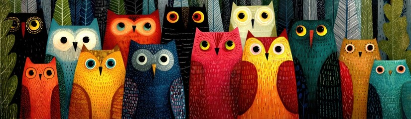Fototapeta premium Colorful Cartoon Owls Gathered in a Whimsical Forest Setting