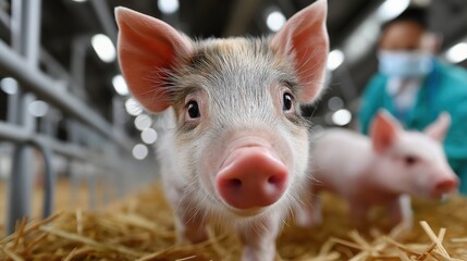 Experienced vet tags vaccinated pigs in a farm pen during the day for health monitoring and tracking purposes