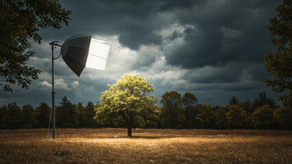 Dramatic Cinematic Lighting on a Solitary Tree in a Vast Field

