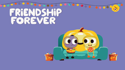 Cartoon friends sitting on a couch with friendship forever text and string lights above them
