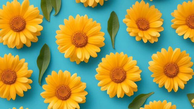 A top-down view shows a vibrant, repeating pattern of bright yellow sunflowers and scattered green leaves against a striking blue background.
