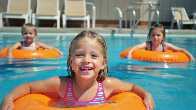 Children enjoy summer fun in pool with floaties