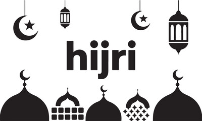 Mosque silhouette with lanterns and stars, Islamic night scene illustration for Ramadan, Eid, prayer themes, and spiritual celebration designs