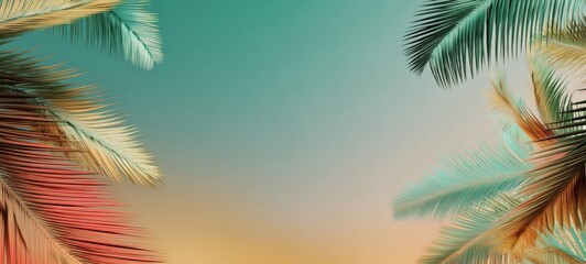 The tranquil beauty of palm trees against a dreamy sunset sky.