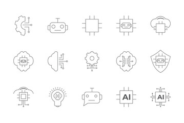 AI Technology Line Icons &mdash; Neural, Robot, Chip, Cloud, Security