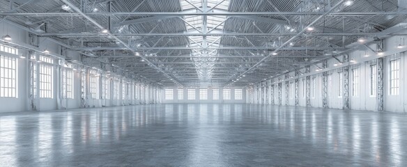 The spacious interior of a modern industrial warehouse with bright lighting.