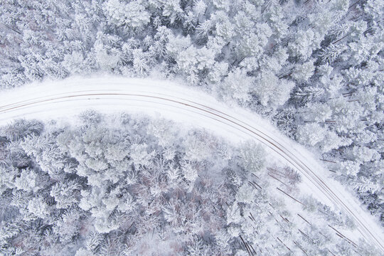 Winding road under winter weather conditions in a serene natural setting