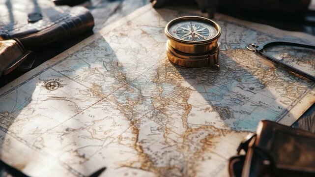 Antique map with compass and accessories