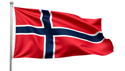 Fototapeta premium The flag of Norway waving against a white background, featuring a red field with a navy blue Nordic cross outlined in white.
