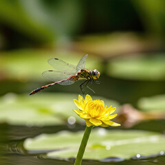 Exceptional Macro: Dragonfly in Flight Near Water Lily with Bokeh Lights.