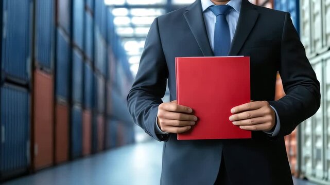 A professional in a suit holds a red folder in front of shipping containers, symbolizing global logistics, supply chain management, and international trade.