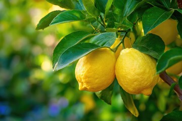 Ripe lemons hang on a tree branch, vibrant yellow against lush green leaves