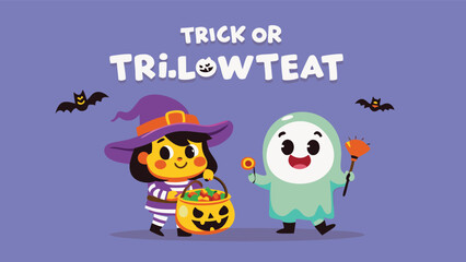 Cartoon witch and ghost celebrating halloween with bats on a purple background saying trick or tri low teat