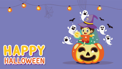 A cartoon girl in a witch hat sits on a pumpkin surrounded by ghosts for happy halloween day fun
