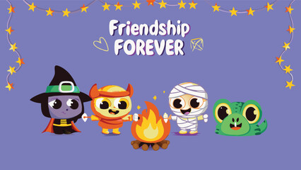 Obraz premium Cartoon monsters celebrate friendship forever with a campfire under a star garland and purple background