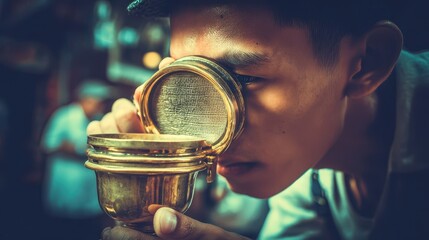 Close-up of a person examining a brass strainer.