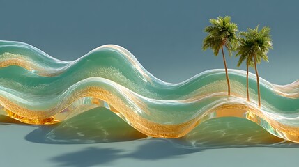 High resolution render of suspended glass water wave and palm tree shade on pastel green