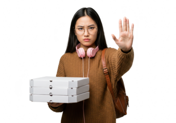 Young asian woman holding pizza boxes and gesturing stop isolated on transparent background