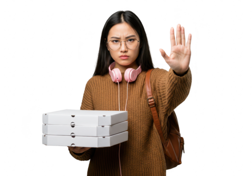 Young asian woman holding pizza boxes and gesturing stop isolated on transparent background